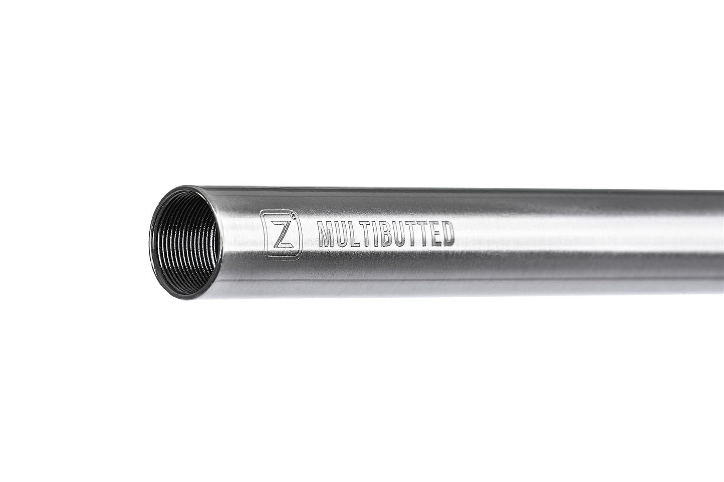 A close-up of the Ethic DTC Deildegast V2 Steel Oversized HIC Stunt Scooter Bar in Raw Silver (720mm x 600mm), showing its 4130 Chromoly Steel cylindrical tube with internal threading and "Z MULTIBUTTED" engraved on the side.