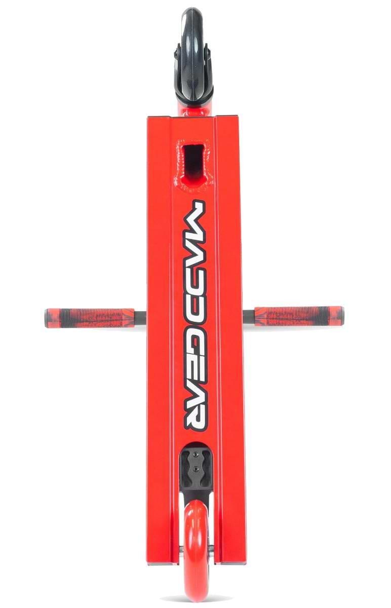 Top-down view of the Madd Gear MG 1 Raven Complete Stunt Scooter - Red / Black by MGP, featuring bold "MADD GEAR" lettering, two wheels, and black-red handle grips—ideal for aspiring stunt scooter riders.