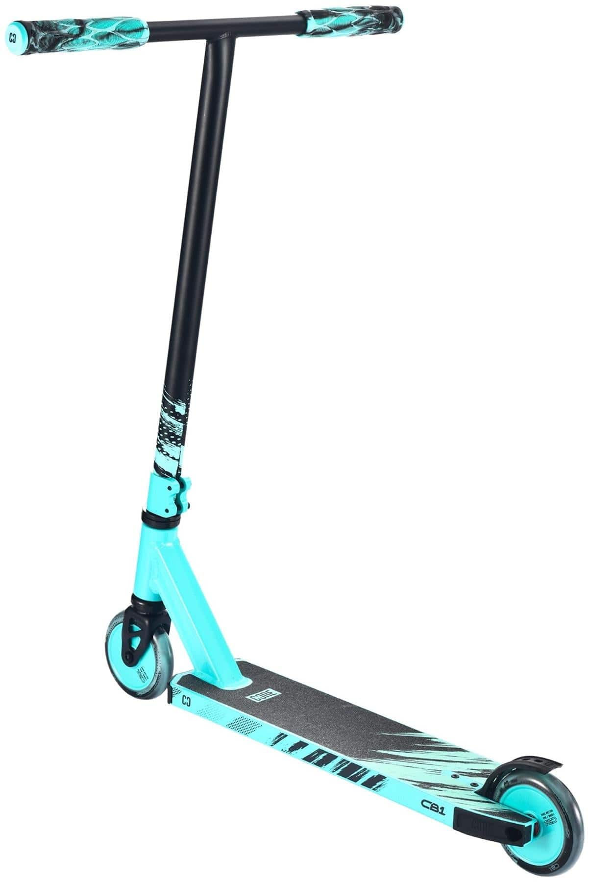 The CORE CB1 Beginner Complete Stunt Scooter by CORE in teal/black features a T-bar handle, textured deck for grip, and small wheels—ideal for beginners learning tricks and stunts.