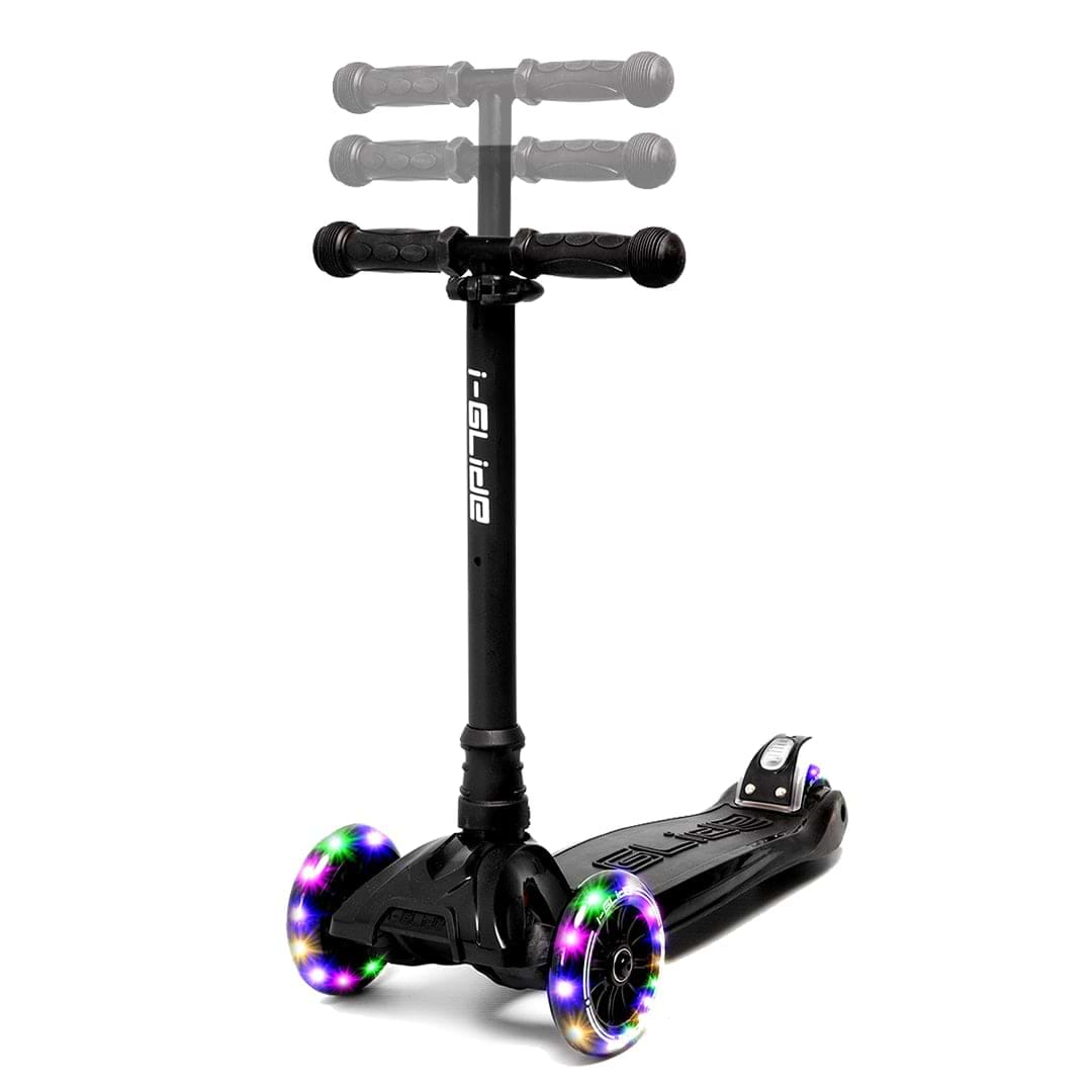 The i-Glide 3-Wheel LED Kids Scooter - Black features a sleek, modern design with adjustable height handlebars and three wheels. Its black frame is enhanced by front wheels that light up with vibrant multicolored LEDs.