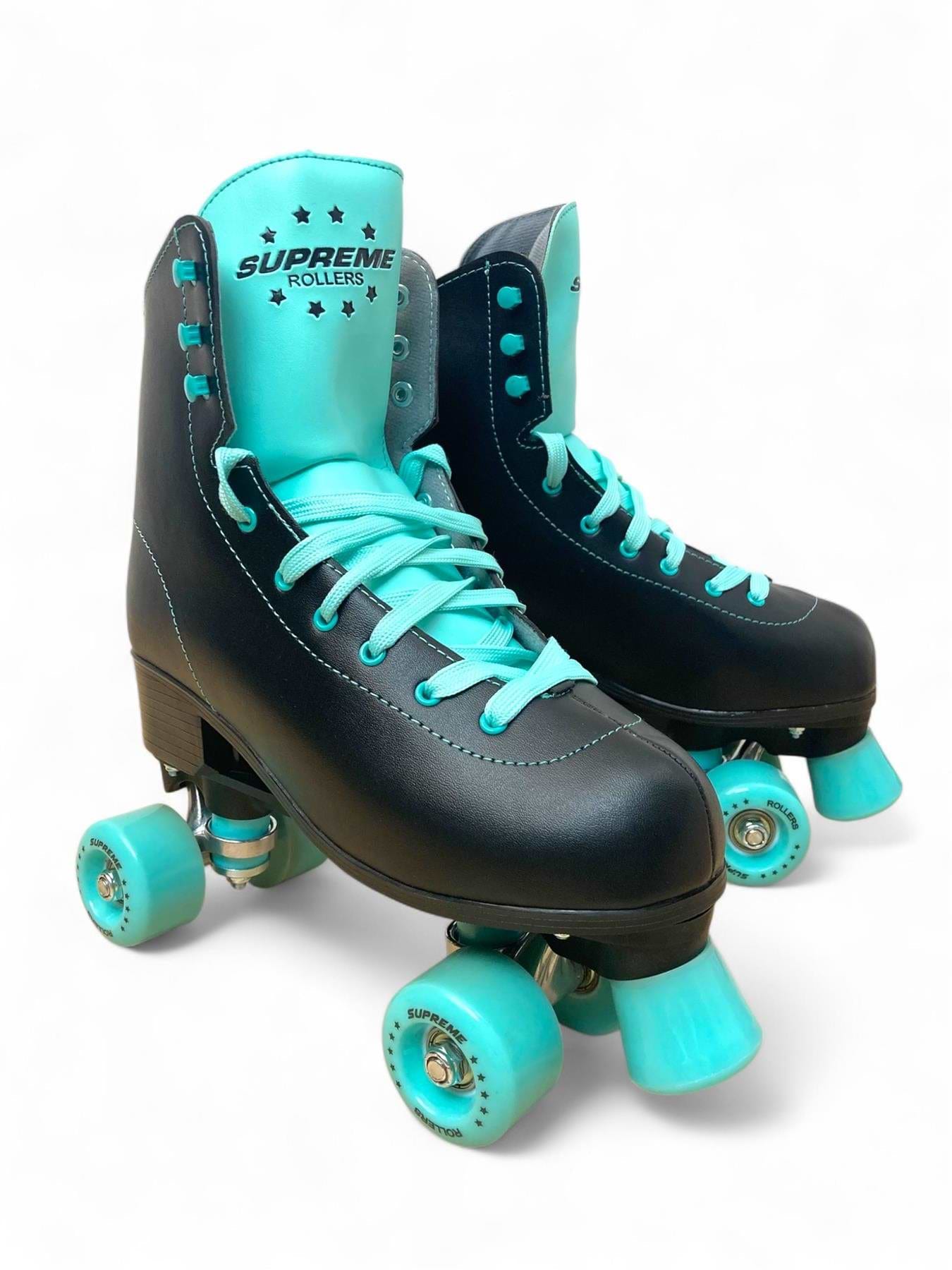The Supreme Del Rey Adjustable Quad Roller Skates for kids feature a black design with turquoise laces, wheels, and trim, plus the Supreme logo on the tongue—all shown against a white background.