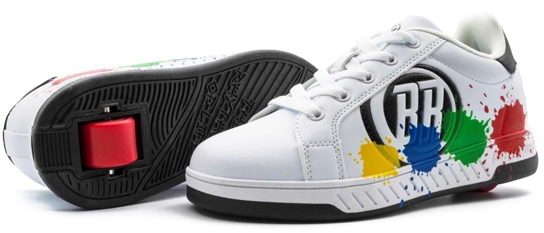 Breezy Rollers Splash Shoes in White/Black/Multicoloured feature colorful paint splatter designs, black soles, and a red heel wheel with Breezy Rollers’ patented system for smooth rolling fun.