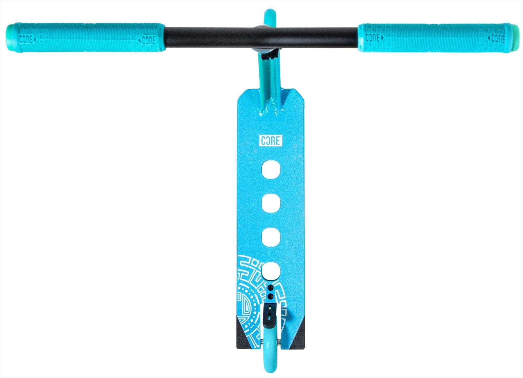 Top-down view of the CORE CL1 Complete Stunt Scooter - Turtlesent by CORE, featuring blue handlebars, four deck holes, a white pattern near the rear wheel, and "CORE" branding—ideal for skatepark scooter sessions.