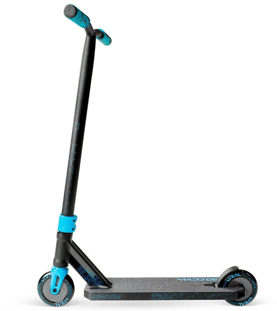 The Madd Gear Viral Rave Complete Stunt Scooter - Velocity features a black and blue design with a textured foot deck, blue handlebars, and blue wheel accents, shown upright on a white background.