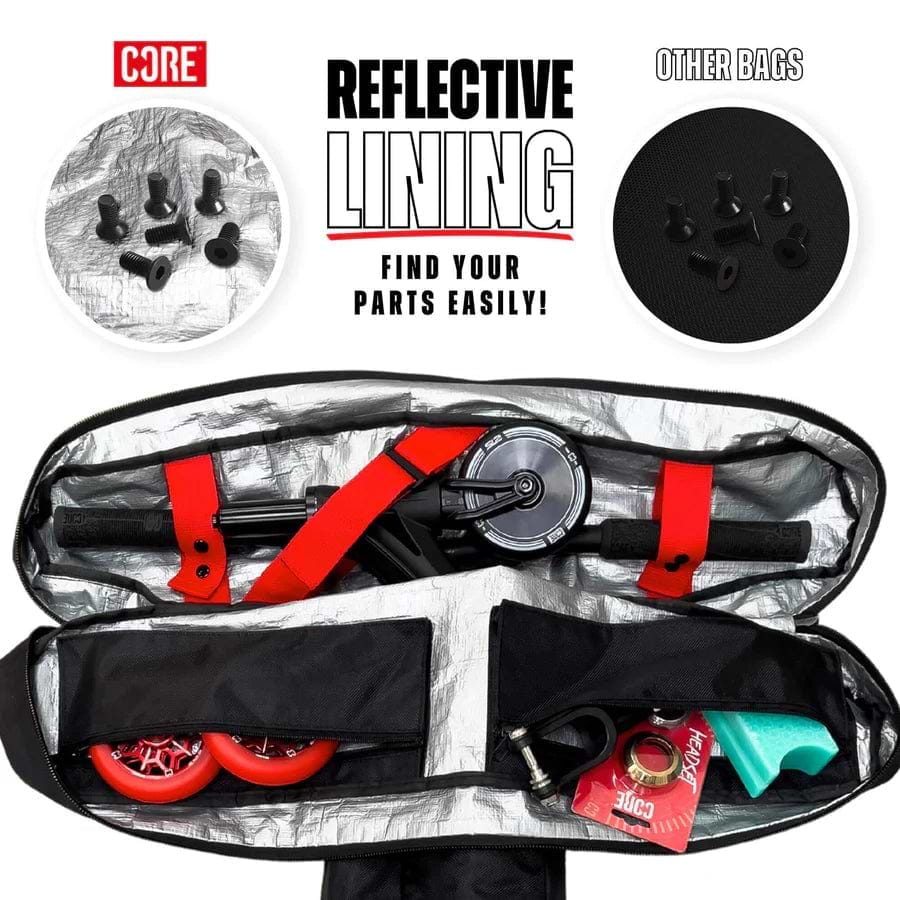Unzip the CORE Scooter Travel Bag - Black to discover neatly arranged parts within, complete with reflective lining. The accompanying text states, "Reflective Lining: Find Your Parts Easily!" A contrasting image shows a disorganized "Other Bags" section with scattered small parts and highlights the padded backpack-style shoulder straps for enhanced comfort.