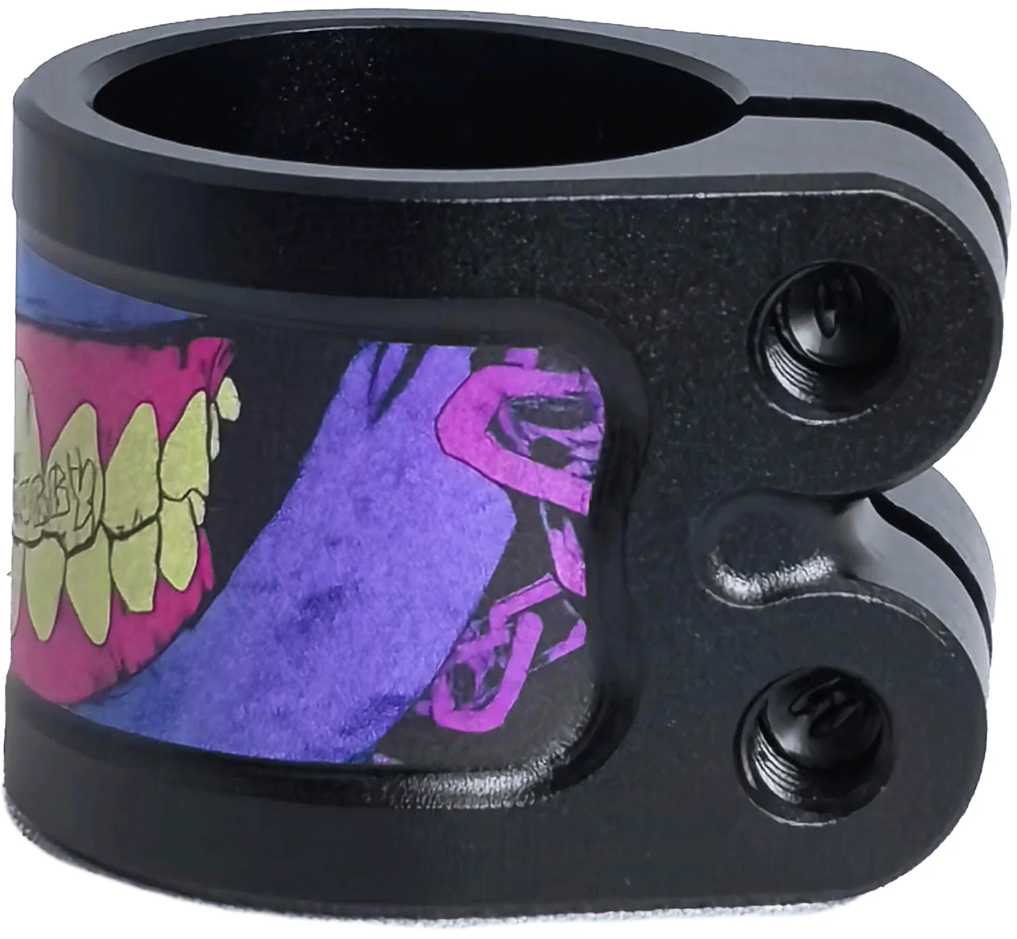 The Chubby Gnasher 2 Bolt Oversized Scooter Clamp by Chubby is made from 7075-T6 aluminium in black/purple, features two bolt holes, and showcases Gnasher artwork with yellow teeth and a purple tongue outlined in pink.