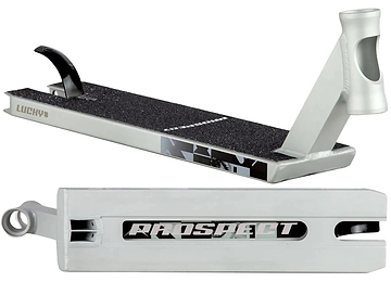The Lucky Prospect 2025 Matte Raw Stunt Scooter Deck (5" x 19.5") features a white finish, black grip tape, cut-out headtube, “PROSPECT” on the bottom, extra foot space, and “LUCKY” in green near the rear.
