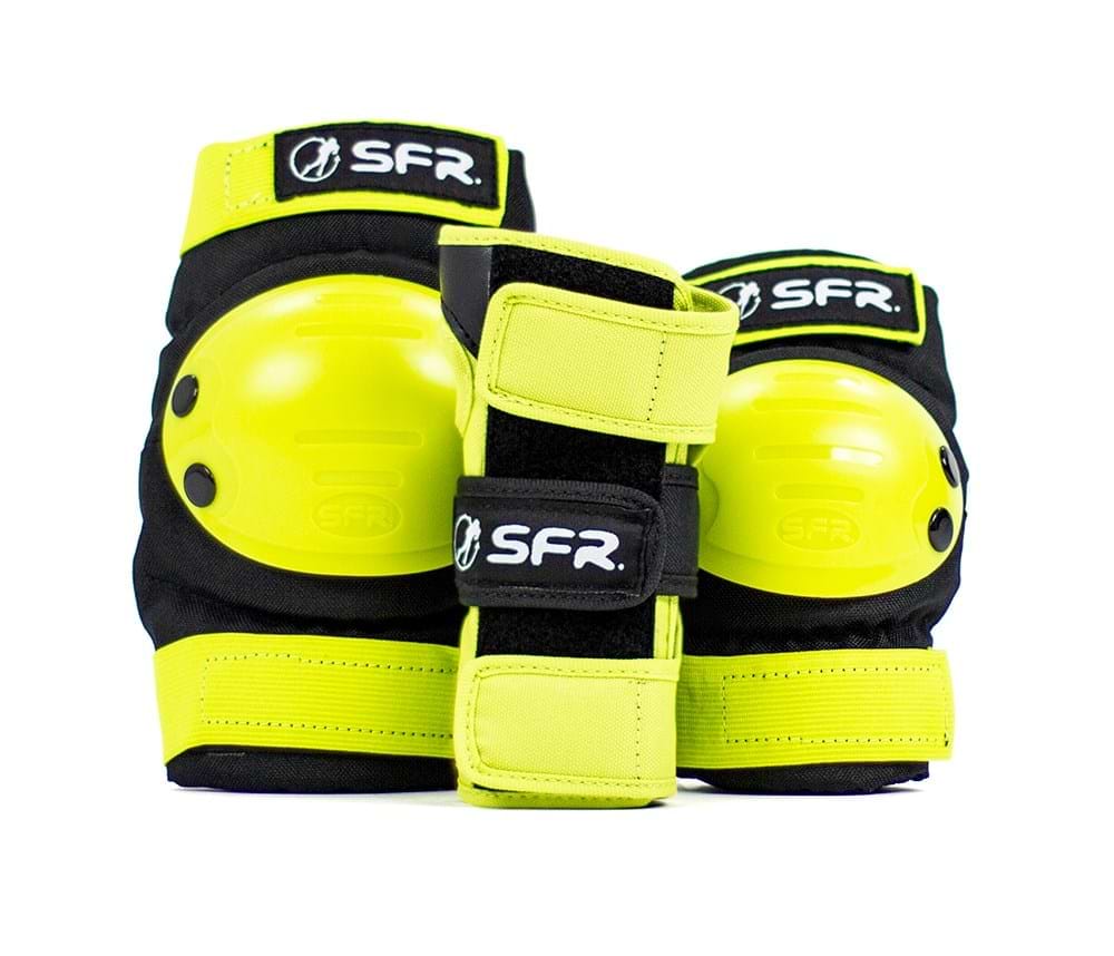 The SFR Youth Ramp Triple Skate Protection Pad Set in Black and Lime is ideal for recreational skaters. Bearing the SFR branding, these knee and elbow pads are equipped with adjustable straps and impact caps to provide top-notch protection for young skaters.