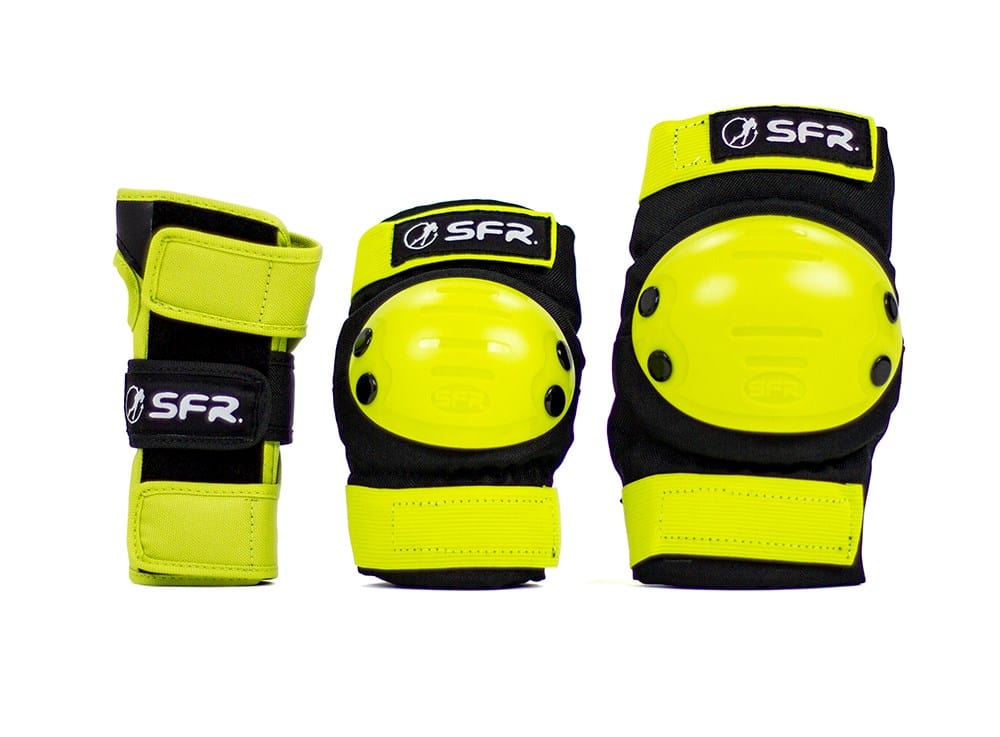 The SFR Youth Ramp Triple Skate Protection Pad Set in black and lime is perfect for recreational skaters. This set includes knee pads, elbow pads, and wrist guards with impact caps, each prominently featuring the "SFR" logo against a white backdrop. It is ideal for providing youth ramp protection and ensuring safety during every adventure.