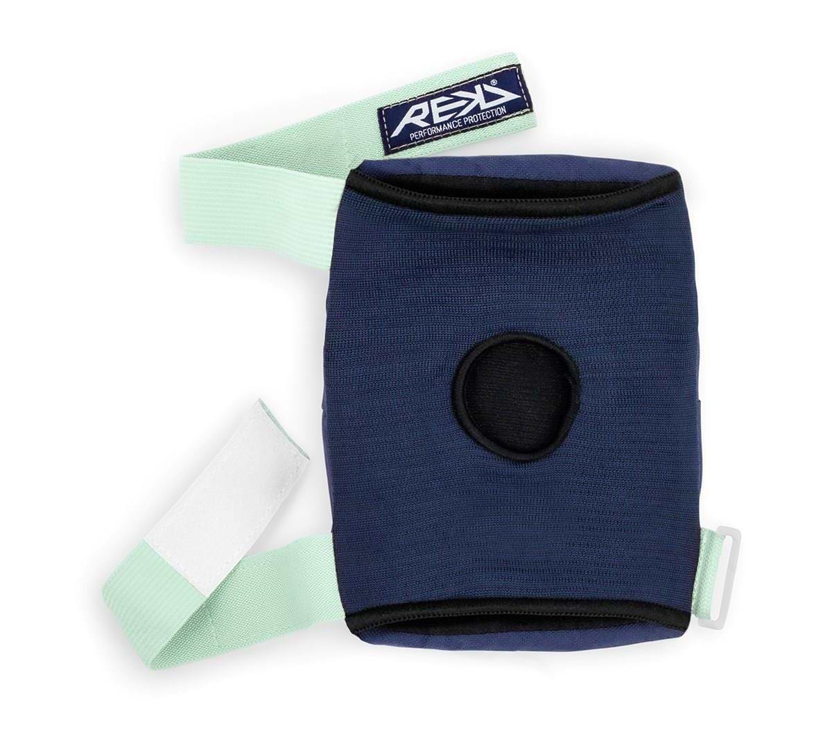 The REKD Heavy Duty Triple Skate Protection Pad Set in Blue and Mint provides excellent knee protection, featuring a central round opening and a light green adjustable strap fastened with Velcro. The strap includes a "REKD" branded tag, akin to their famous elbow pads.