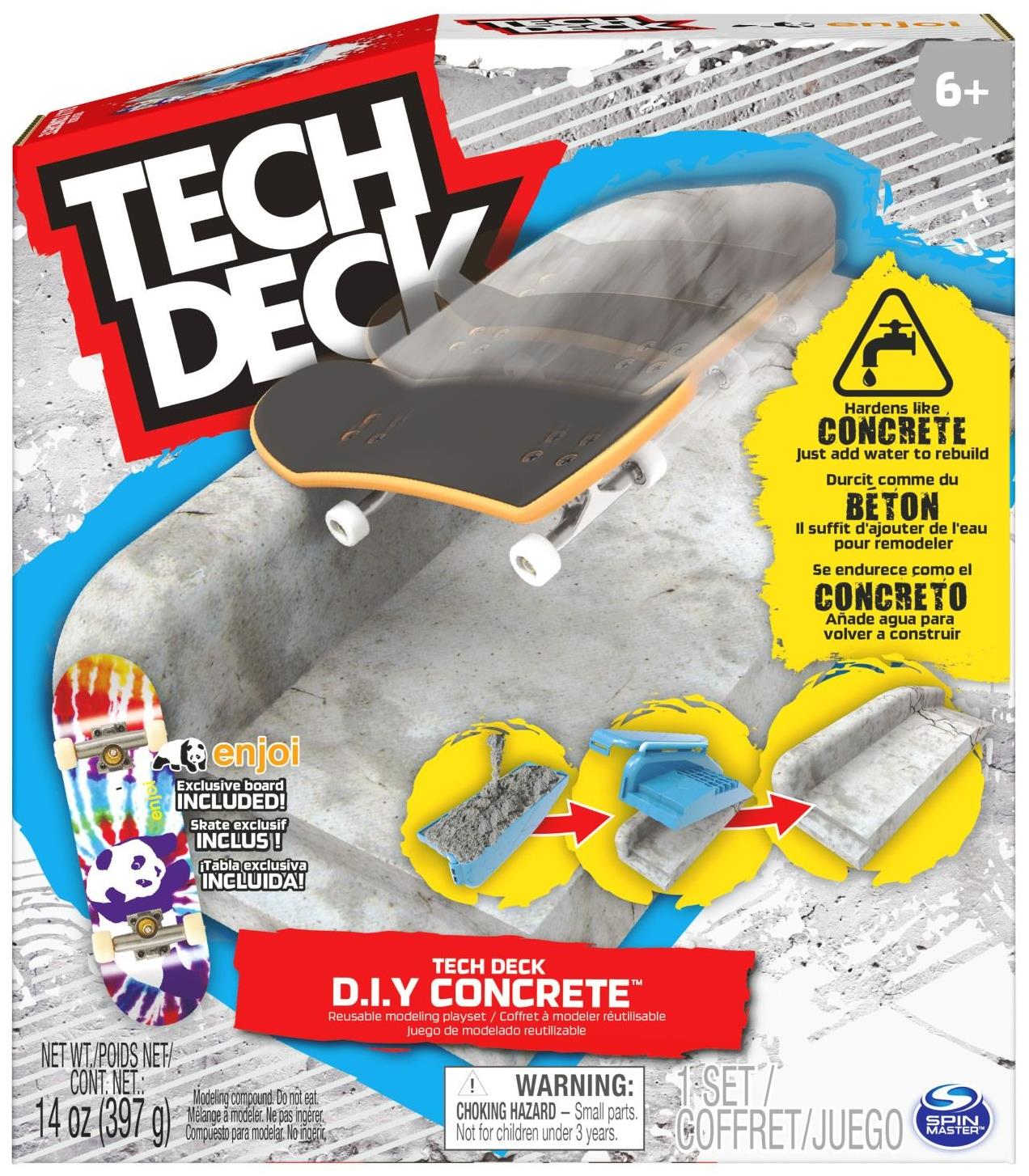 The Tech Deck DIY Concrete Reusable Fingerboard Ramp Modelling Set features a fingerboard on a concrete ramp and step-by-step images for creating your own ramp. Perfect for customizing skate parks. For ages 6+. Brand: Tech Deck.