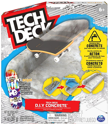 The Tech Deck DIY Concrete Reusable Fingerboard Ramp Modelling Set features a fingerboard on a concrete ramp and step-by-step images for creating your own ramp. Perfect for customizing skate parks. For ages 6+. Brand: Tech Deck.