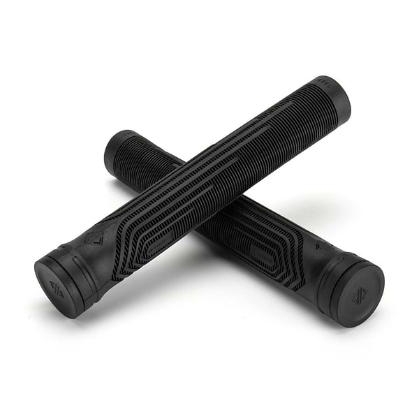 Two Drone Acolyte Black Stunt Scooter Grips, each 180mm in length, are artfully crossed over one another against a clean, white backdrop. Adorned with futuristic linear designs and featuring flat ends crafted from Comfort Max silicone, these grips promise an unmatched riding experience.