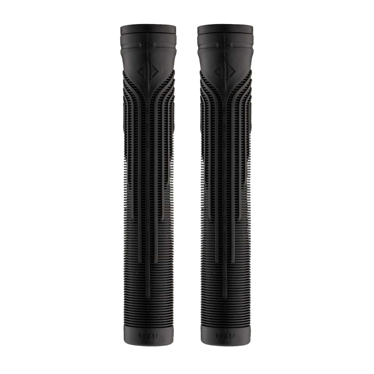 Two Drone Acolyte Black Stunt Scooter Grips, each measuring 180mm and featuring a futuristic pattern, are positioned vertically side by side against a white background.