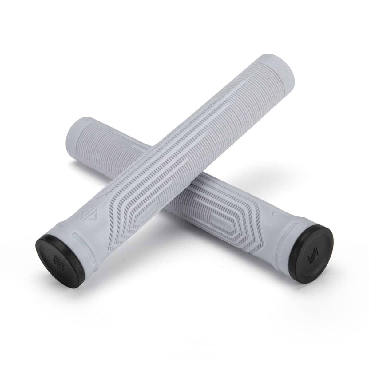 Two grey bicycle handlebar grips, crafted for ultimate comfort, are crossed against a pristine white background. Both Drone Acolyte Grips feature sleek black end caps for a striking contrast.