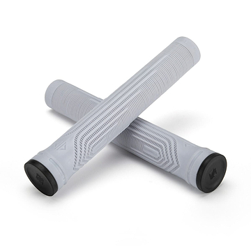 Two grey bicycle handlebar grips, crafted for ultimate comfort, are crossed against a pristine white background. Both Drone Acolyte Grips feature sleek black end caps for a striking contrast.