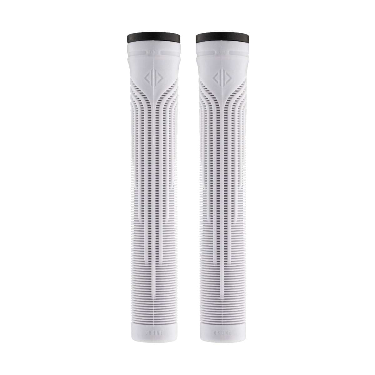 Two identical Drone Acolyte grey stunt scooter grips, featuring a textured, vertical line design with black end caps, offer a sleek look against the plain grey background. Crafted from Comfort Max silicone, these 180mm grips ensure ultimate comfort and style for any ride.