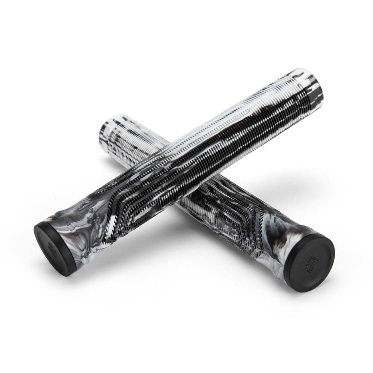 Two black and white marbled scooter grips by Drone are crossed over each other against a plain white background. These Drone Acolyte Black / White Marble Stunt Scooter Grips, measuring 180mm, are crafted from Comfort Max silicone and feature a ribbed design for enhanced grip.
