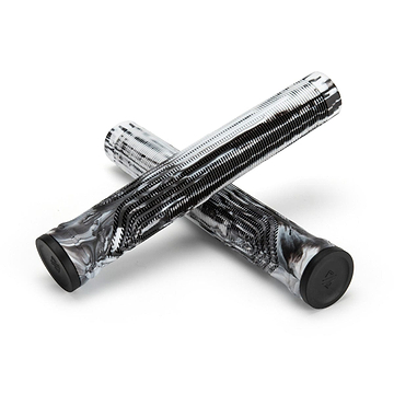 Two black and white marbled scooter grips by Drone are crossed over each other against a plain white background. These Drone Acolyte Black / White Marble Stunt Scooter Grips, measuring 180mm, are crafted from Comfort Max silicone and feature a ribbed design for enhanced grip.