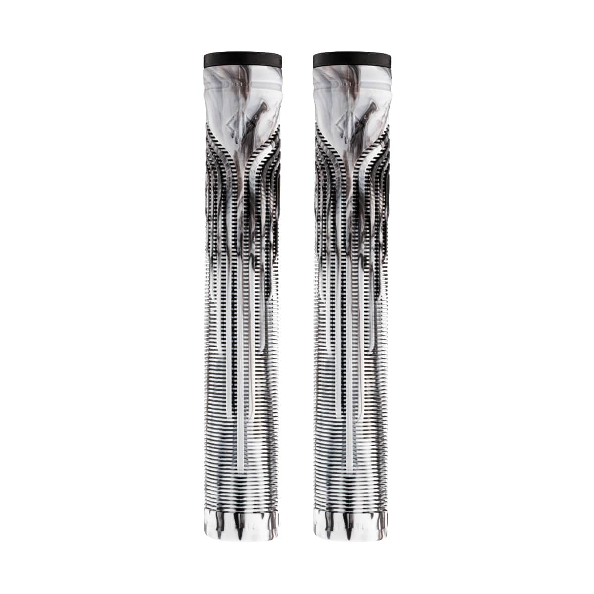 Two sleek, vertical, metallic rods showcasing intricate details and a futuristic pattern stand parallel against a white backdrop. Their reflective surfaces hint at the innovative design of Drone's Acolyte Black/White Marble Stunt Scooter Grips - 180mm technology.
