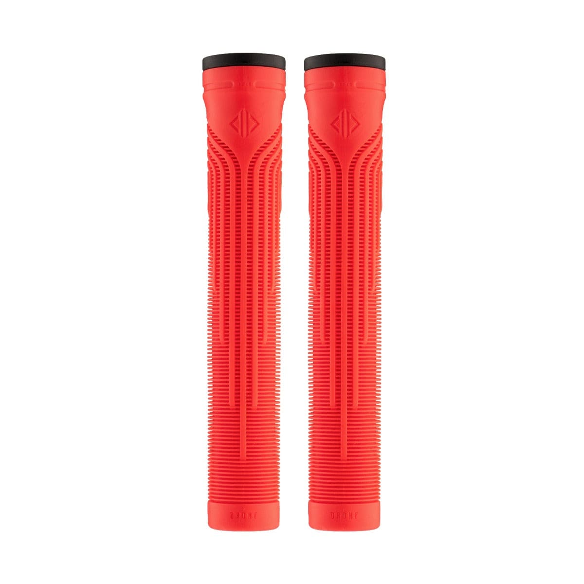Two Drone Acolyte Red Stunt Scooter Grips by Drone, featuring a futuristic ridged texture and sleek black end caps, stand upright side by side on a white background.