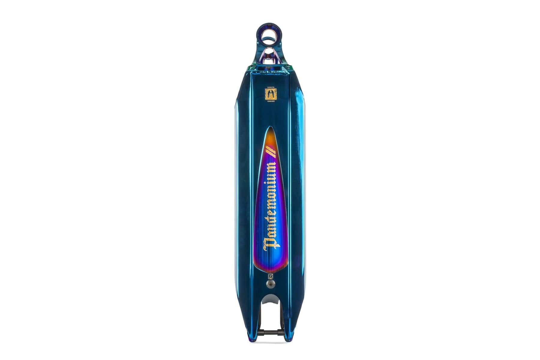 The Ethic DTC Pandemonium V2 Chrome Blue Stunt Scooter Deck measures 5.1" x 18.1" and features a striking prismatic gradient design with the name "Pandemonium" prominently displayed. This lightweight deck is crafted from durable aluminum, showcasing a blend of blue and rainbow hues with an attention-grabbing reflective finish.