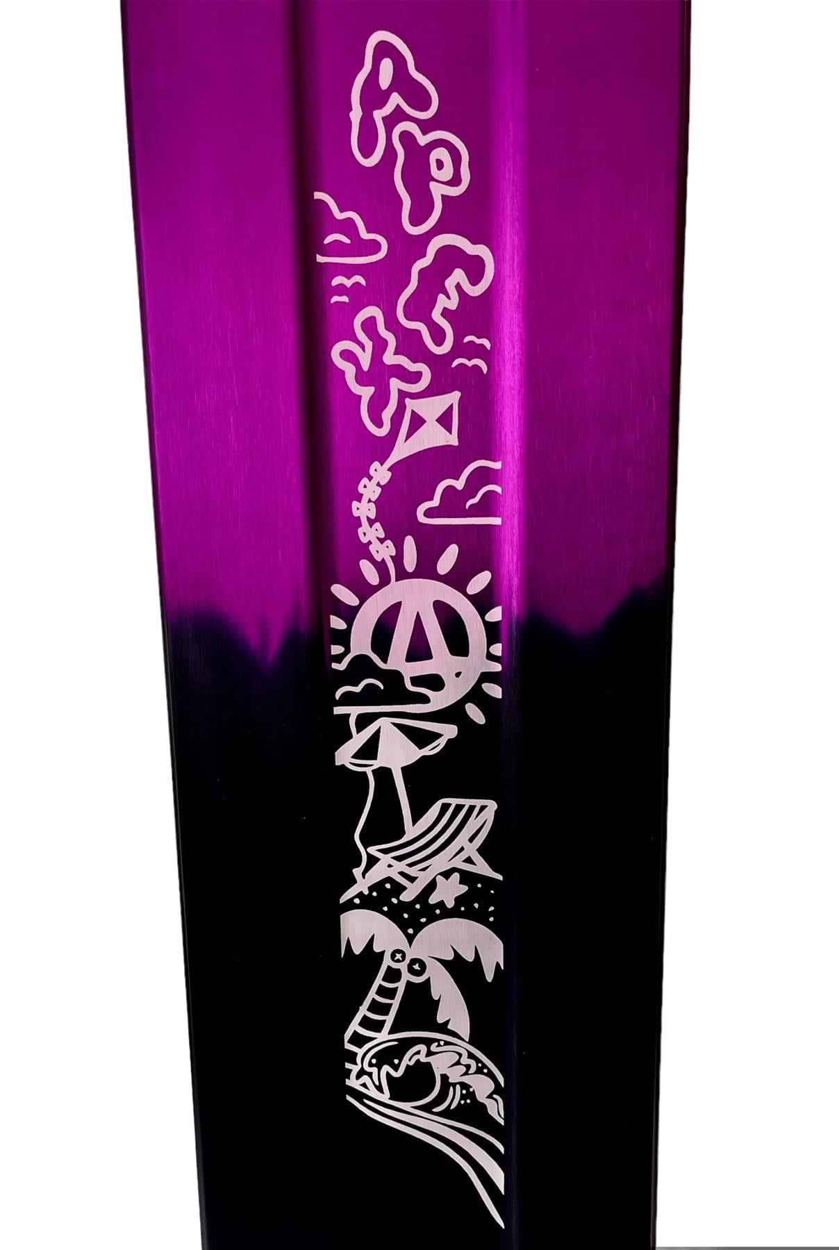 The Apex Pro Life's a Beach Special Edition Purple / Black Scooter Deck (5" x 19.3") by Apex features a white beach scene illustration with palm trees, hammock, waves, sun, umbrella, kite, clouds, and a peace sign.