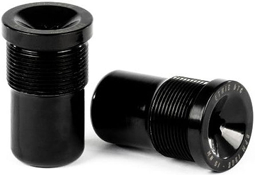Two black cylindrical metal objects with threaded midsections are displayed—one upright, the other lying horizontally to reveal engraved text on its flat end. Both feature a flared rim and a glossy, smooth finish. These Ethic DTC Handlebar Balance Point Modulation - 150g bar ends by Ethic are expertly crafted to provide riders with exceptional durability and precise balance point modulation.