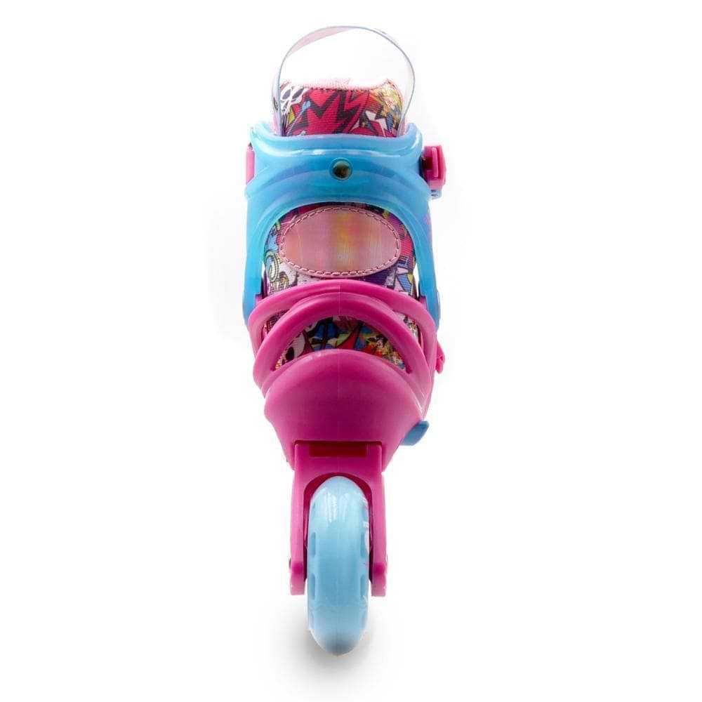 The Roces Ply Flash Adjustable Kids Inline Skates in pink and blue feature a blue frame, pink straps, light blue wheels with flashing lights, vibrant patterned inner shoe, and smooth ABEC 7 carbon bearings—perfect for kids.