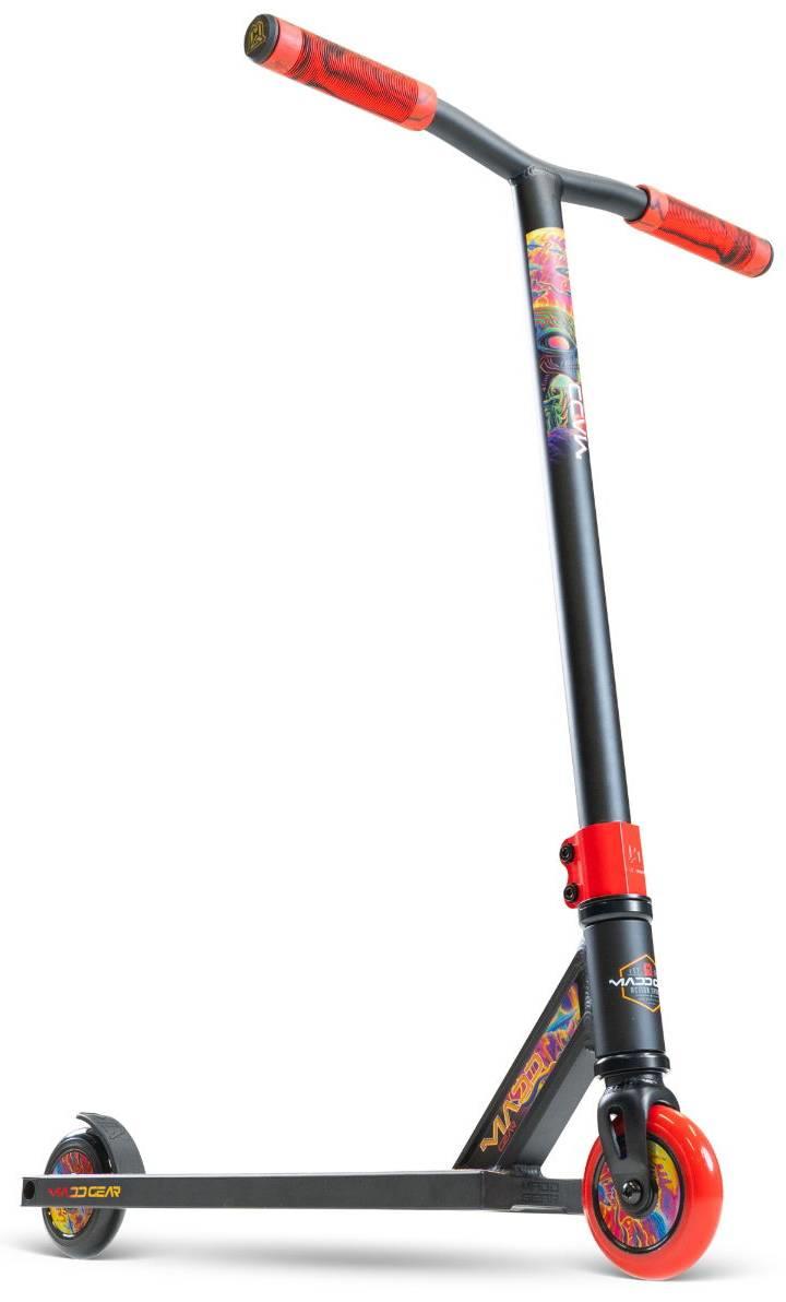The Madd Gear (MGP) MG 2 Obsidian Complete Stunt Scooter - Frenzy features a black frame with colorful graffiti graphics, red handlebar grips and wheels, designed for kids and shown upright against a white background.