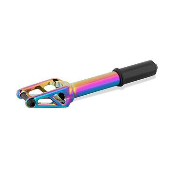 The Drone Aeon 3 Feather-Light IHC Stunt Scooter Forks by Drone is a vibrant neochrome creation, expertly crafted from lightweight 7075-T6 aluminium. It boasts a sleek, multi-toned design with shades of purple, blue, and yellow on the top and a smooth black cylindrical base.
