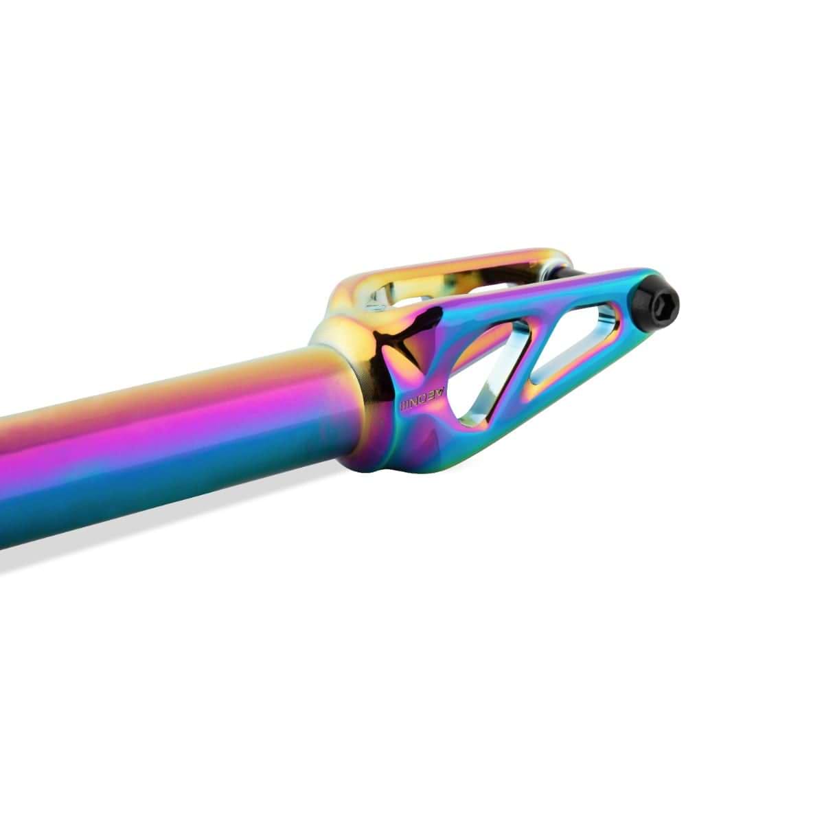 The Drone Aeon 3 Feather-Light IHC Stunt Scooter Forks - Neochrome by Drone feature a sleek, modern design with angular cutouts and a smooth cylindrical shaft. Made from lightweight 7075-T6 Aluminium, the fork's multicolored iridescent finish reflects stunning hues of purple, blue, and gold.