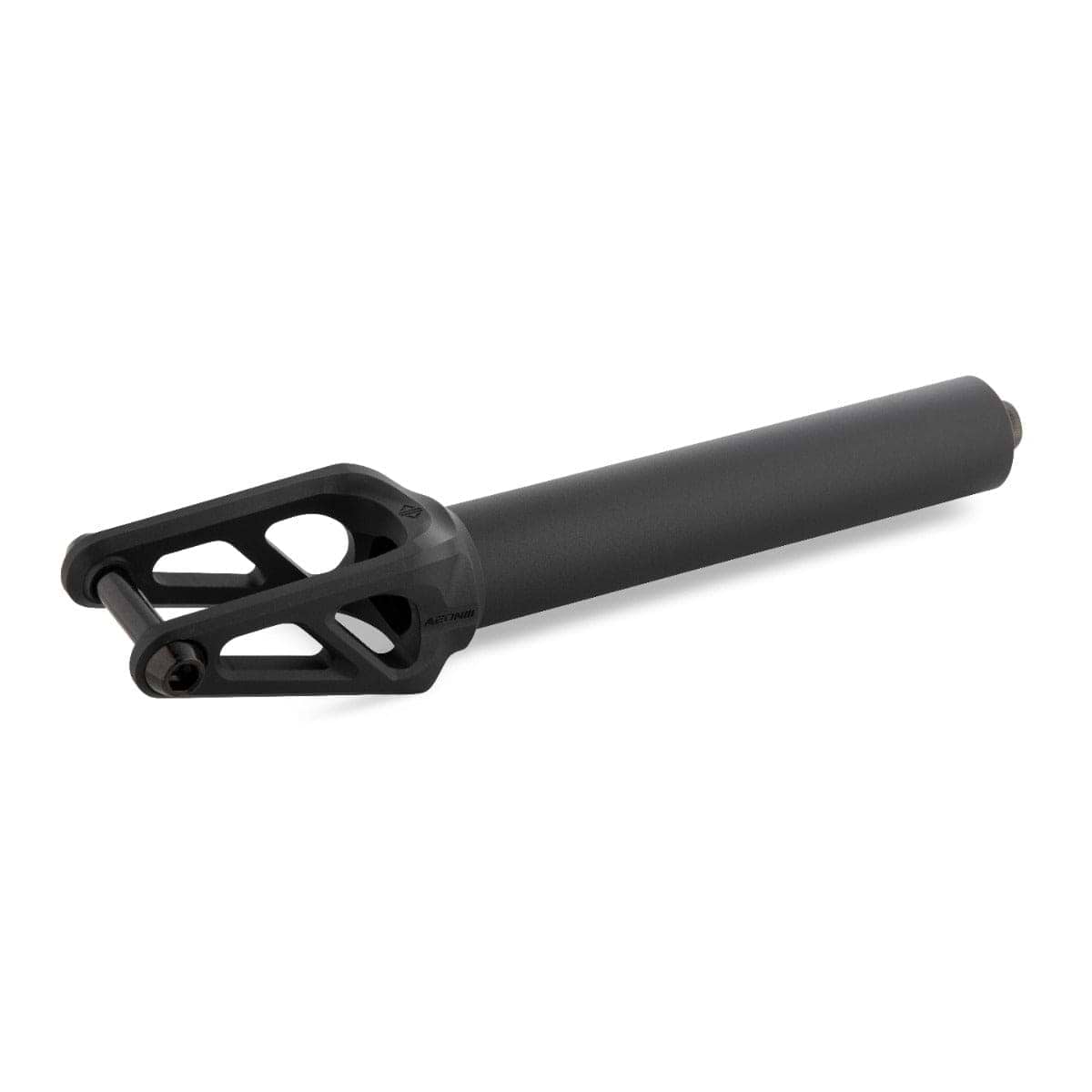 The Drone Aeon 3 Feather-Light SCS Stunt Scooter Forks in black, crafted by Drone, offer a cylindrical stem along with an elegant and angular design ideal for stunts.