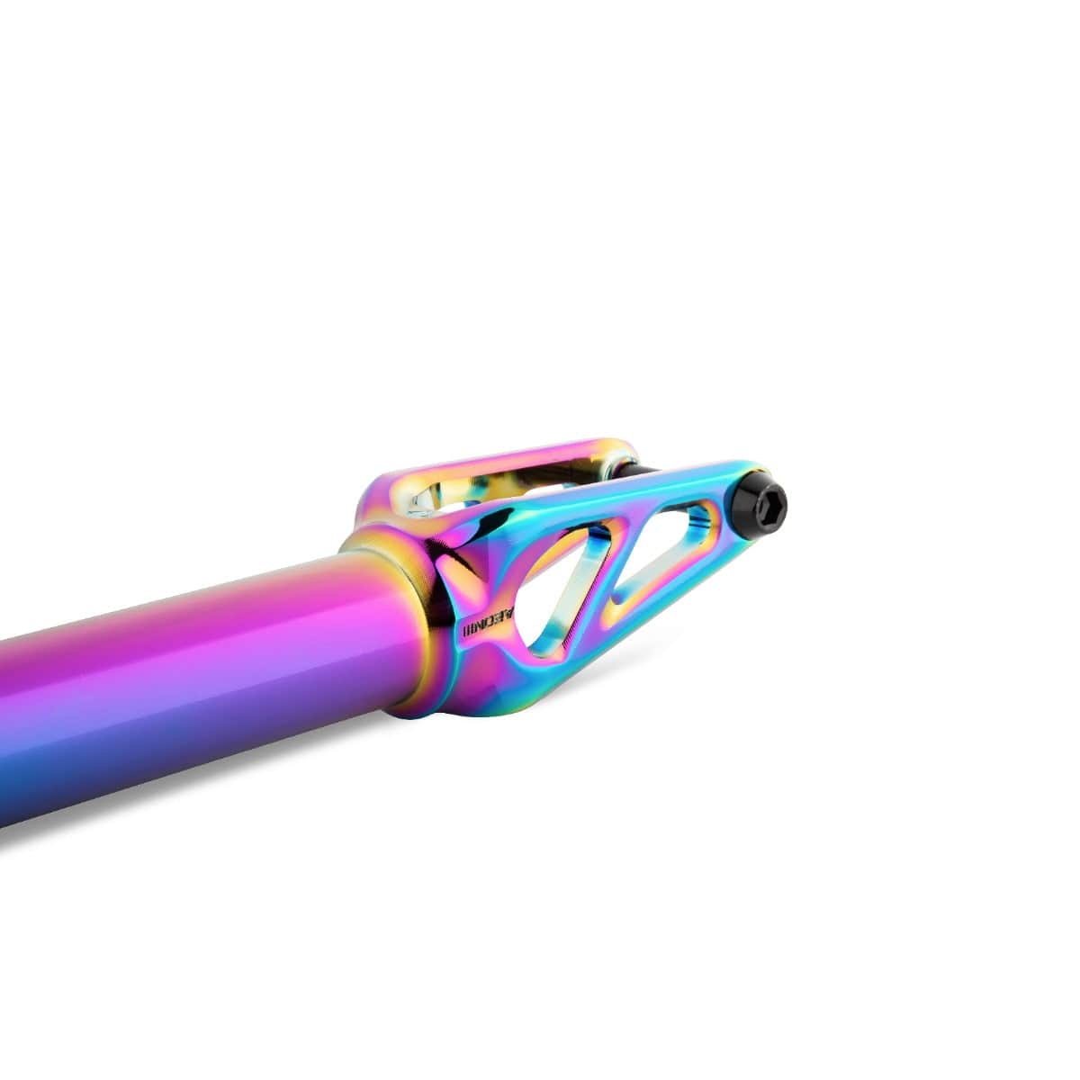The Drone Aeon 3 Feather-Light SCS Stunt Scooter Forks in Neochrome are crafted from durable 7075-T6 Aluminium, featuring an eye-catching gradient of purple, blue, and gold. These lightweight forks boast a sleek design with cutouts to minimize weight, making them essential for the Drone Aeon 3 Stunt Scooter.