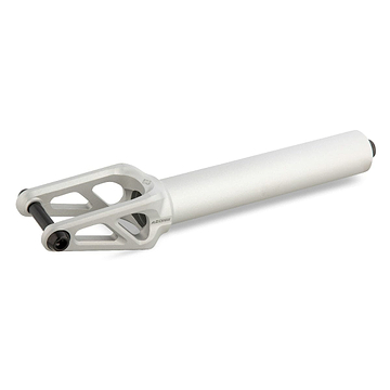 The image displays the Drone Aeon 3 Feather-Light SCS Stunt Scooter Forks in silver, known for their lightweight design, with a cylindrical tube and open triangular side cutouts. Ideal for the Drone Aeon 3 stunt scooter, this fork is set against a white background.