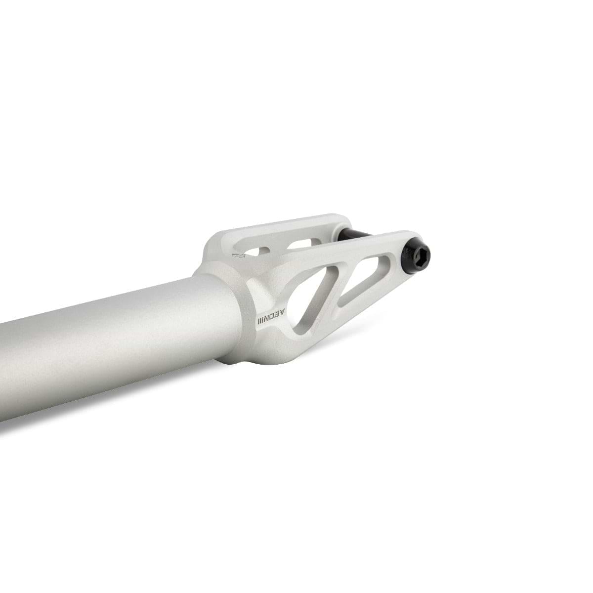 A detailed close-up image of a metallic seat post crafted from 7075-T6 Aluminium reveals its sleek and angular design, with clearly visible fasteners on the upper part. This seat post is suspended horizontally against a plain white backdrop, reminiscent of parts found in the Drone Aeon 3 Feather-Light SCS Stunt Scooter Forks - Silver.