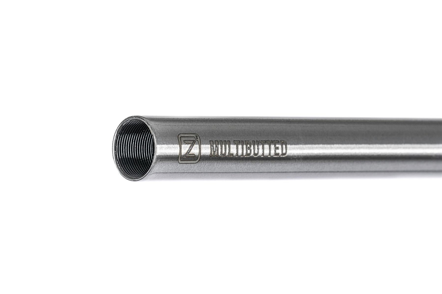 A close-up of Ethic DTC Tenacity V2 Steel Oversized HIC Stunt Scooter T-Bars (Raw, 620mm x 600mm) shows the metallic tube with internal threading at one end and "MULTICUTTED" plus the Ethic logo engraved on its side against a white background.