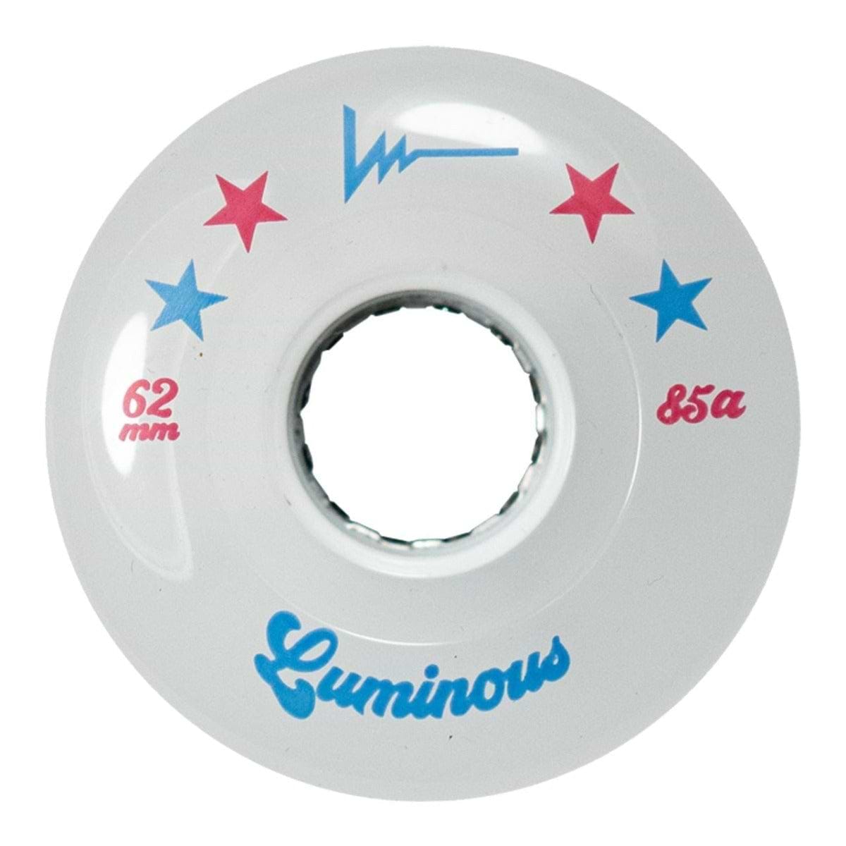 The Luminous LED 85A Quad Roller Skate Wheels - All Stars 62mm by Luminous feature a white design with blue "Luminous" text, red and blue stars, "62 mm" in red, "85a durometer urethane" in blue, and a bold blue wave around the center hole.