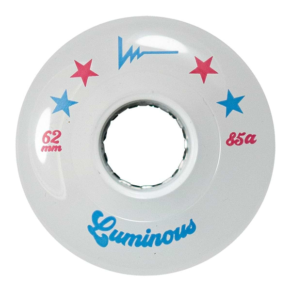 The Luminous LED 85A Quad Roller Skate Wheels - All Stars 62mm by Luminous feature a white design with blue "Luminous" text, red and blue stars, "62 mm" in red, "85a durometer urethane" in blue, and a bold blue wave around the center hole.