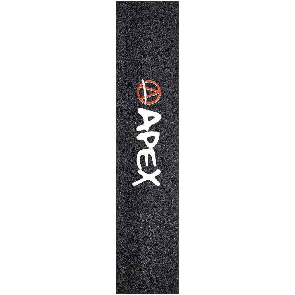 The Apex Pro Scooter Griptape - Printed Logo is a black griptape showcasing the word "APEX" in white, alongside an orange, stylized "A" above. Designed with a robust adhesive, it guarantees to stay securely affixed on your board or scooter.