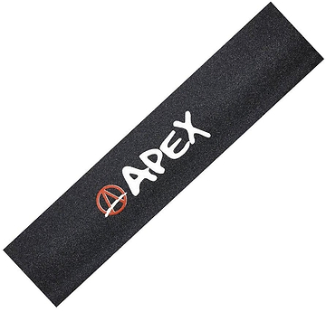 The Apex Pro Scooter Griptape - Printed Logo features a black design with the "APEX" brand in bold white letters and a red circular symbol on the left, making it ideal for scooters. Its strong adhesive ensures it remains securely attached.