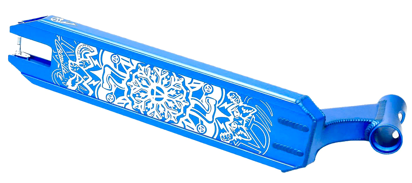The Apex Pro Camille Bonnet Signature Blue Stunt Scooter Deck, an Australian-made product measuring 4.5" x 19.3", boasts a range of intricate white designs featuring various shapes and patterns centered around a prominent floral motif. Known for its durability, this scooter deck includes a rounded edge with an opening on one end and a circular cutout on the handle at the other end.