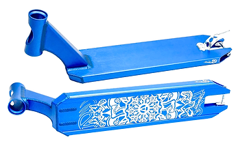 Two blue scooter decks are shown. The top deck is a plain blue Apex Pro Camille Bonnet Signature Blue Stunt Scooter Deck - 4.5" x 19.3" by Apex, while the bottom features a white design with abstract shapes and a central symmetrical pattern. Both durable, Australian-made decks have cutouts for wheel attachment.