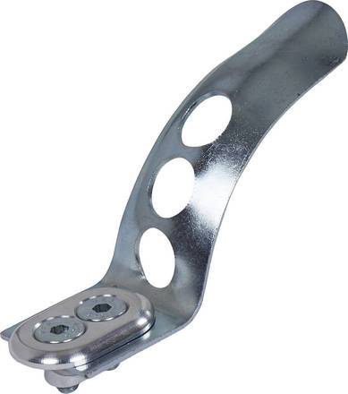 Introducing the Apex Deck Complete Replacement Scooter Brake Assembly, featuring a sleek metal bracket with a curved design. It includes three circular holes and two screws at the base, all in a shiny, silver finish that perfectly complements your setup. Ideal for ensuring seamless integration with your scooter's existing components.