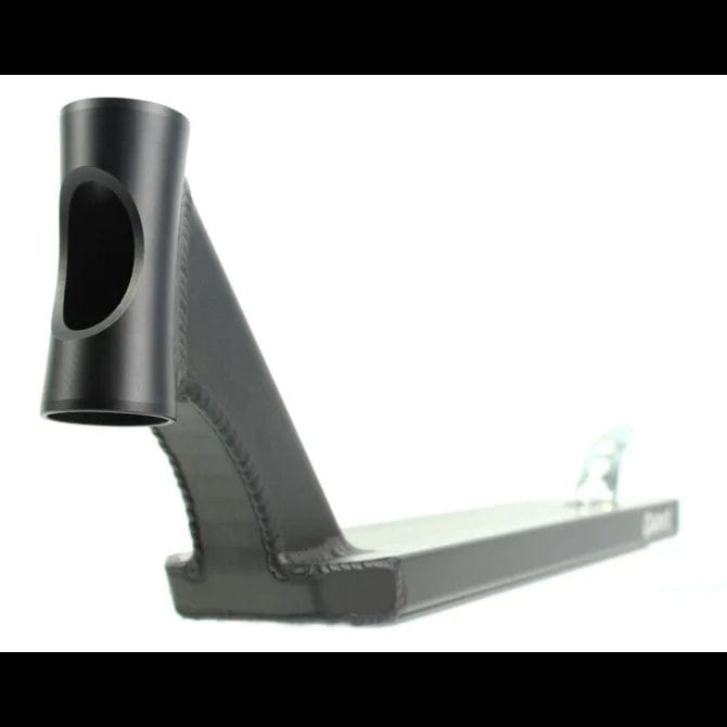 A close-up of an Apex Pro Black Stunt Scooter Deck measuring 4.5" x 20.1" features a visible headtube with a front cutout. The image emphasizes the sleek, angular design and smooth welds, highlighting this lightweight deck's structural elements against a plain white background.