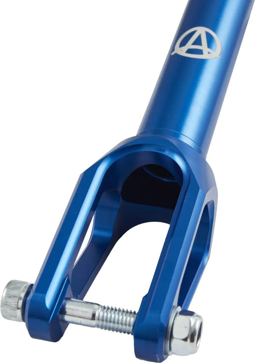 A close-up of the Apex Quantum Lite SCS/HIC Stunt Scooter Forks highlights a polished blue finish with a silver bolt and screw. The top features the Apex logo with an "A" inside a circle. This durable fork is designed for easy attachment to a scooter's front wheel.