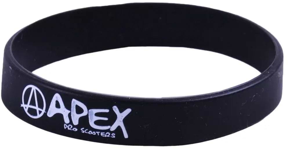 The Apex Pro Scooters Wristband - Black is a stylish rubber accessory with white text, ideal for any Apex supporter.
