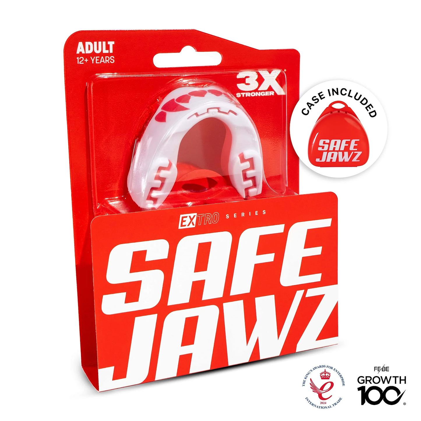 The Safejawz Extro Series Protection Mouthguard - Pink Fangz is a pink and white sports mouthguard in retail packaging highlighting "hi-impact protection," 3X strength, a case included, suitable for ages 12+, with the Growth 100 logo on the lower right.