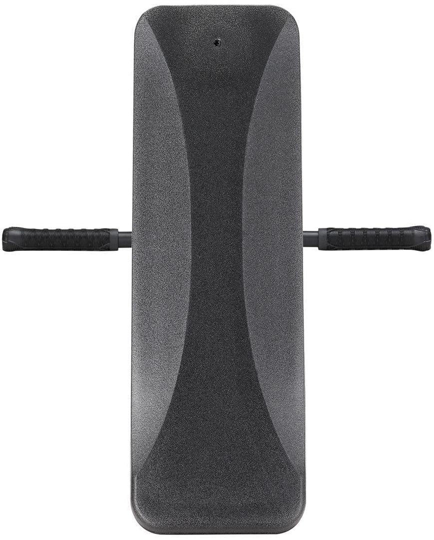 An adjustable sit-up bench in black and gray, featuring two foam-padded handles on each side for versatile workouts, reminiscent of the aerial view of a Blunt Envy TS Pro 7.5 Indoor Trampoline Stunt Scooter - Orange Camo.