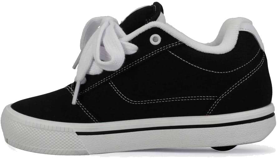 The Heelys Pro 25 Boys Shoes by Heelys feature a black skate-style design with white stitching, thick white sole, laces, and lining. Retro-inspired with low-profile wheels, they're shown side profile against a white background.